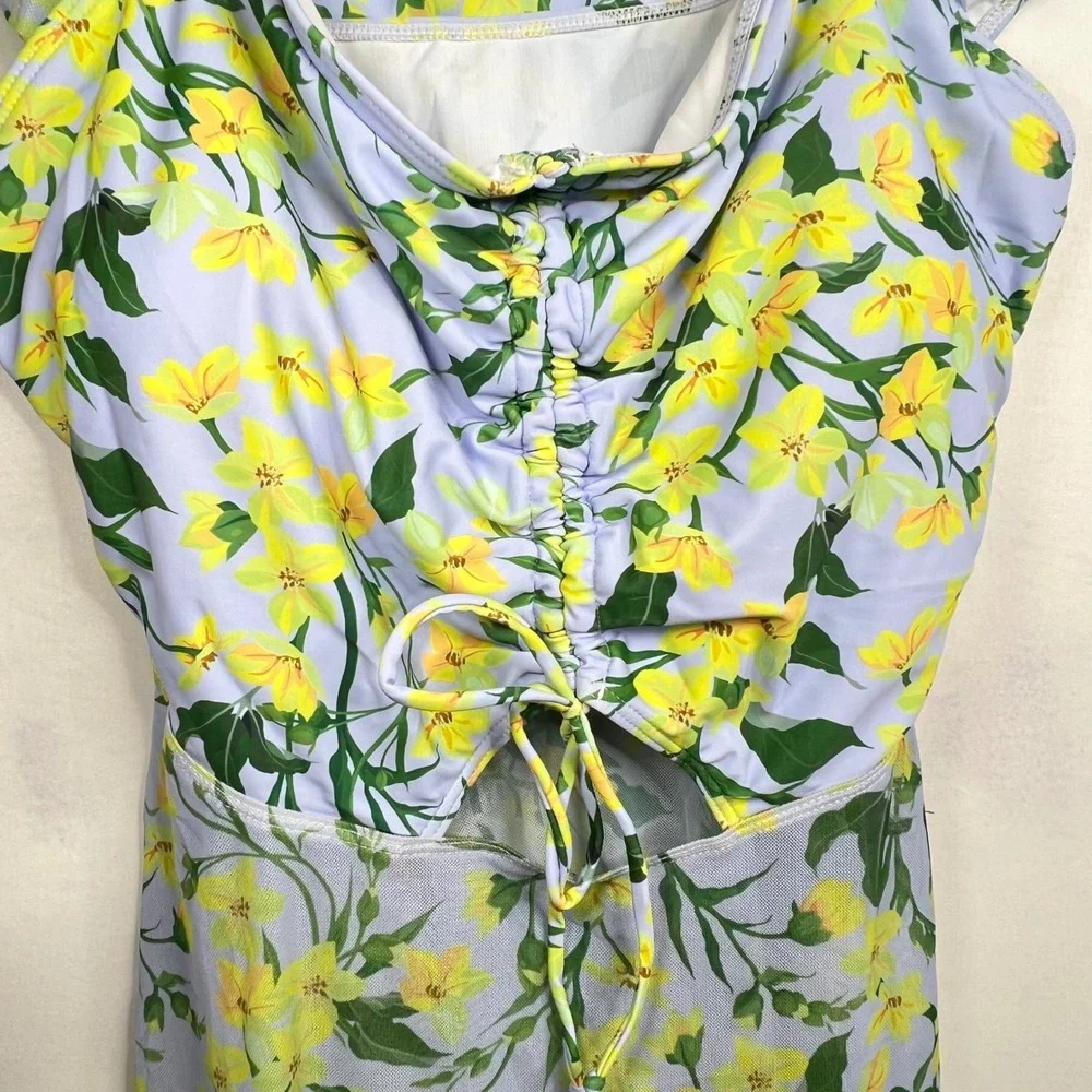 2-Piece Blue Floral Swim Dress Womens 3XL Ruched Mesh Tropical Beach Vacation